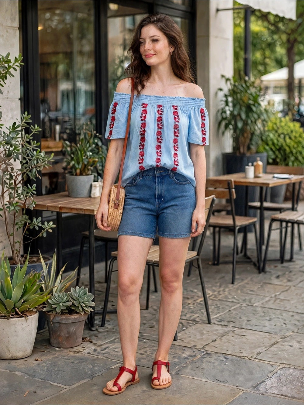 Liz Claiborne Light Blue Off-Shoulder Blouse with Red Floral Embroidery